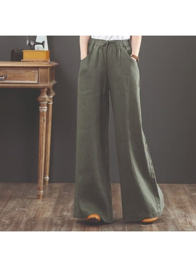 Barbora Linen Casual Trousers with Elastic Waistband and Lace-Up LN12HAKI7 - Image 1